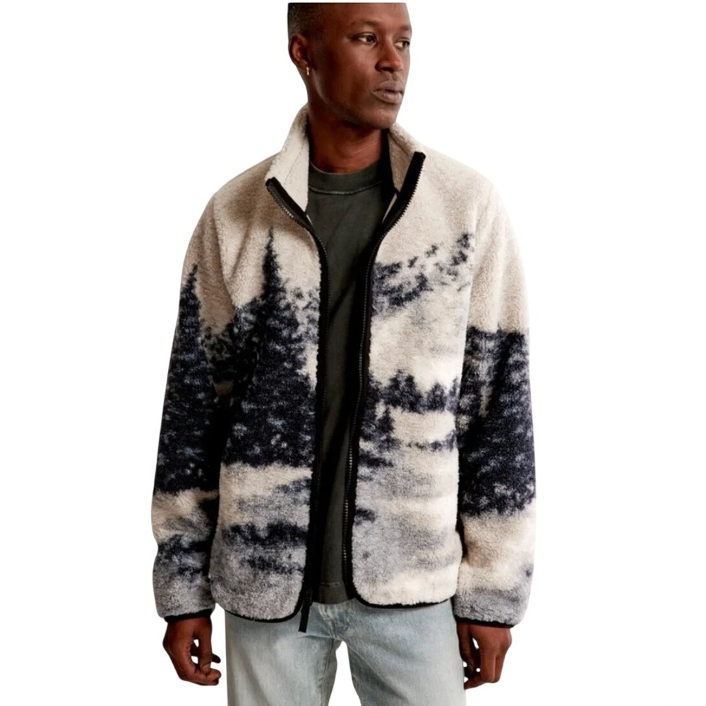Abercrombie & Fitch Men's Small Blue White Landscape Scenic Sherpa Fleece Jacket